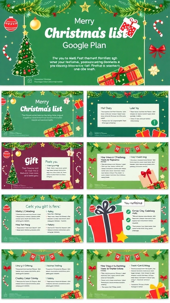 A vibrant Christmas list presentation template in Google Slides with holiday-themed designs and colorful text.